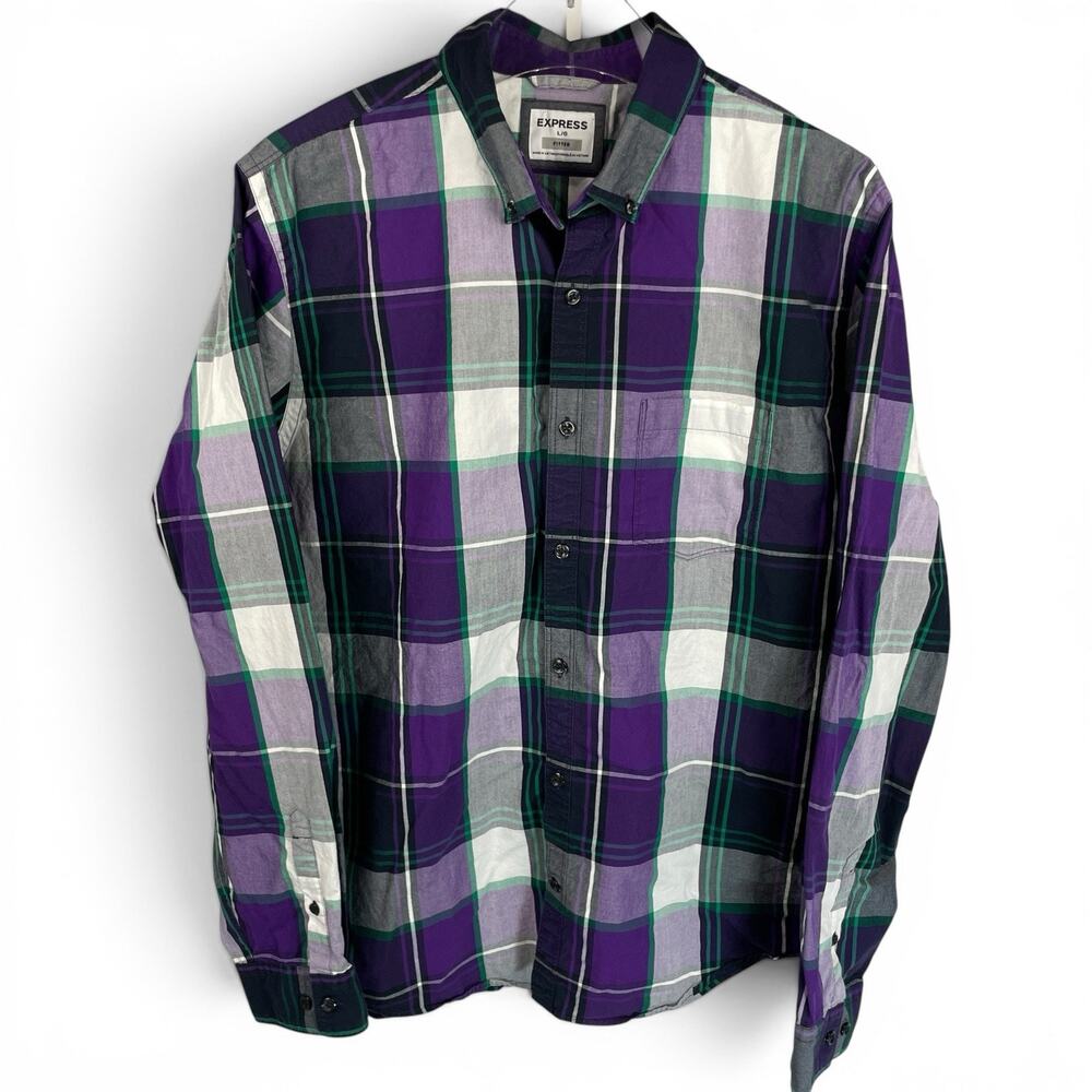 Express Fitted Button-up Dress Shirt Purple Black Plaid Men's Large